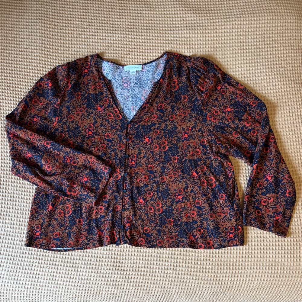 Treasure & Bond Mystic Floral Pattern Button Front Dobby Blouse, Women’s Plus 1X